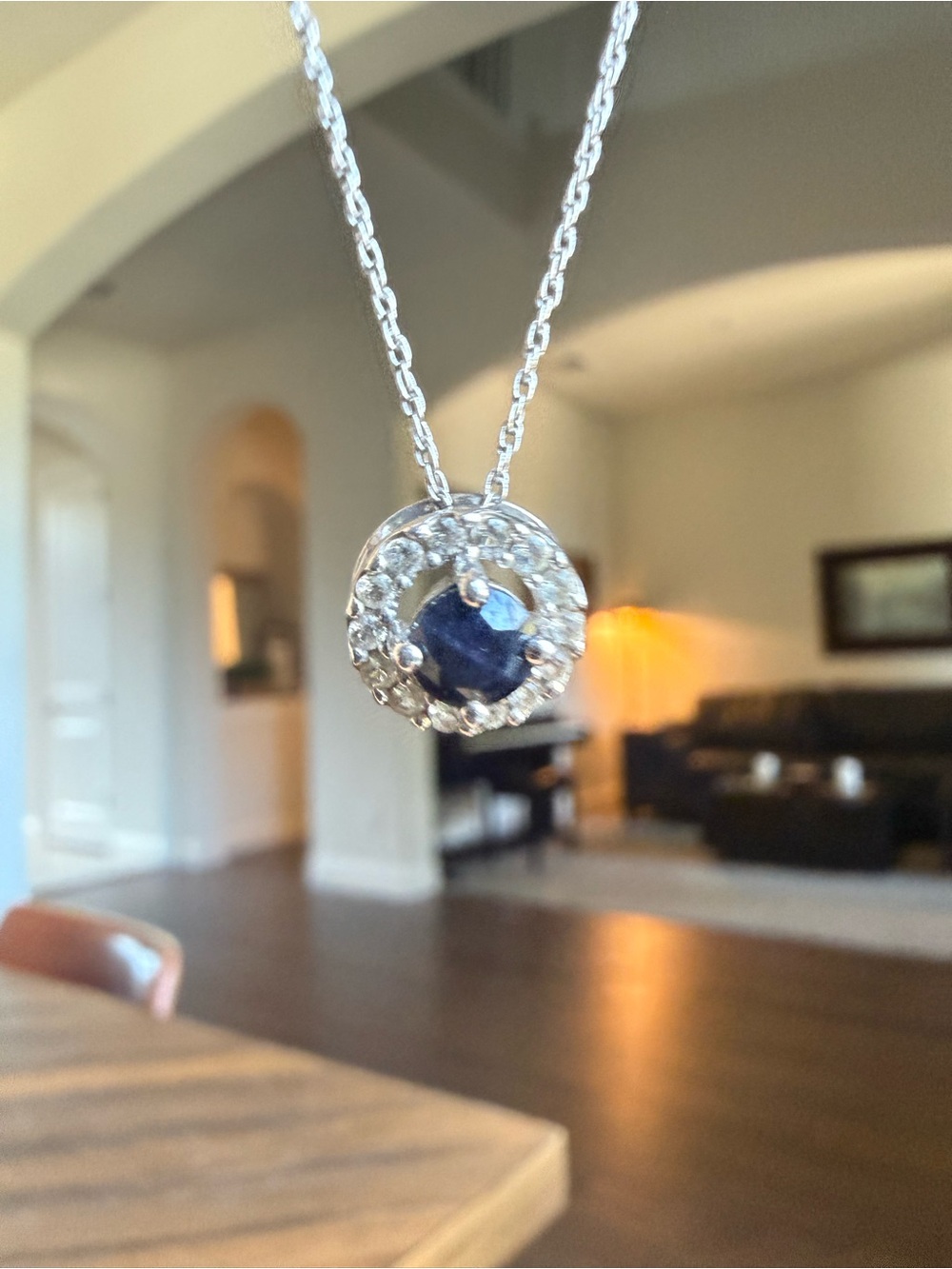 Vintage Sapphire Halo Pendant Necklace - Silver